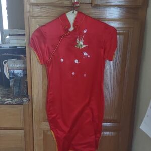 Red Embroidered Satin Cheongsam Dress